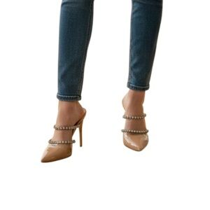 New York & Company Beige Heels with Rhinestone Straps